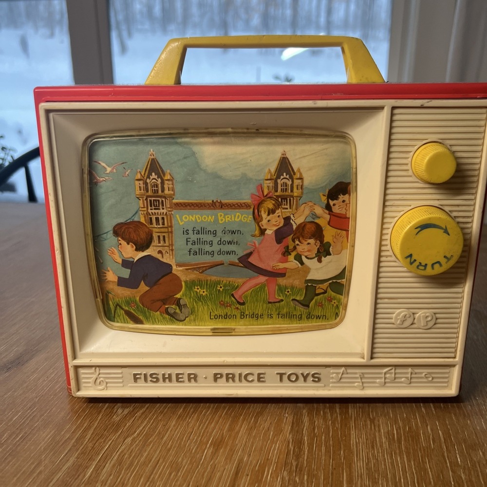 VTG 1966 FISHER PRICE TWO TUNE MUSIC BOX TV #114 LONDON BRIDGE/ROW ROW WORKS‎